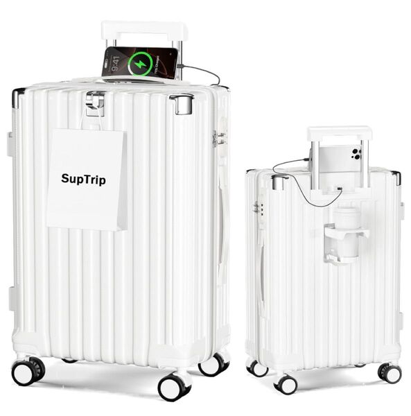 スーツケース 多機能 大型 超軽量 耐衝撃 USBポート カップホルダー 充電機能 荷物フック ホワイトLサイズ, 62L