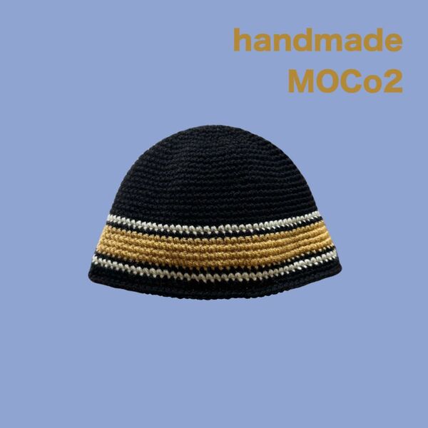 ハンドメイド ニット帽 ビーニー クロシェハット クラッシャーハット ニットキャップ 黒 帽子 ブラック
