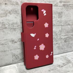 【GALAXY S23 Ultra】手帳型ケース 桜が舞うシンプルデザイン 紅 赤 カード・お札収納 スタンド機能 横置き
