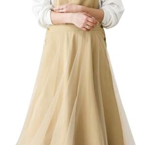 【サロペワンピース】ナチュラルベージュ Mサイズ デニム ジャンスカ ワンピース チュールドッキング マキシ丈 Aライン