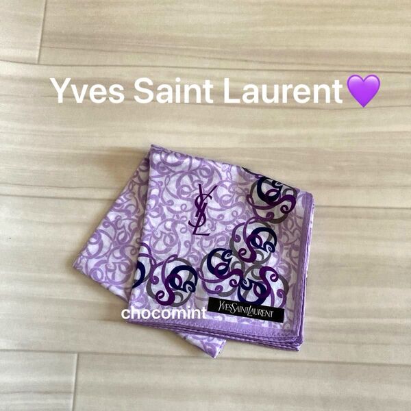 新品未使用【イヴ・サンローラン YSL】総柄 薔薇モチーフ ハンカチーフ 日本製 Yves Saint Laurent パープル