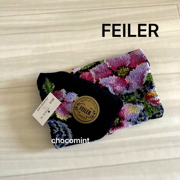 新品未使用♪フェイラー FEILER フラワーデザイン シェニール織りタオルハンカチ ブラック 花柄 ミニタオル 黒