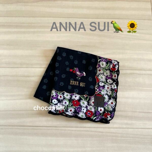 新品未使用★ANNA SUIアナスイ♪鳥 さくらんぼ 刺繍入り 小花柄ハンカチーフ(ブラック)フラワー 黒 可愛い