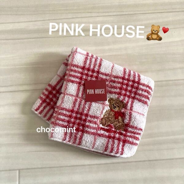 新品未使用♪PINK HOUSE / ピンクハウス ベア刺繍入り チェック柄タオルハンカチ クマ くま レッド ミニタオル