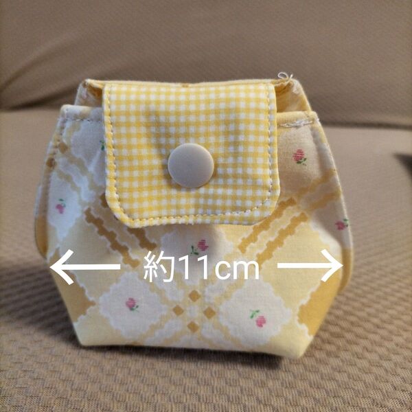 ハンドメイド ミニポーチ 小物入れ チェック 花柄 イエロー