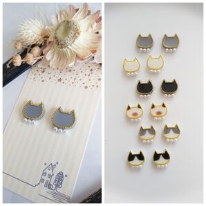 おしゃれ 灰猫 グレー猫 パール ピアス イヤリング ロシアンブルー ブリティッシュショートヘア