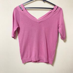 ダスティピンク 半袖ニット オフショルダー リボン サマーニット カットソー サマーセーター