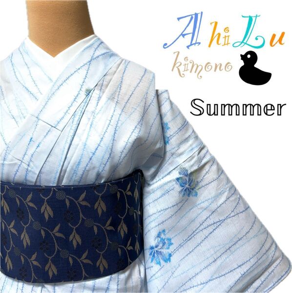 【E666】夏着物 小紋 単衣 水色 夏限定 対象身長~153㎝ 送料無料