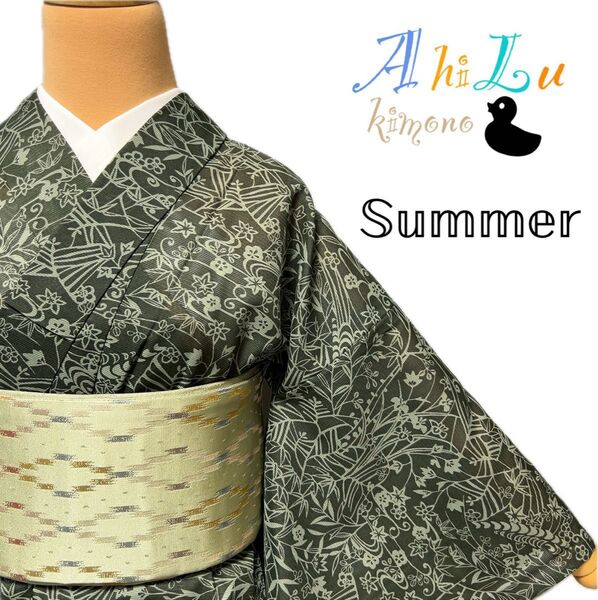 【E669】夏着物 小紋 絽 単衣 灰みの黒緑 夏季限定 小さいサイズ