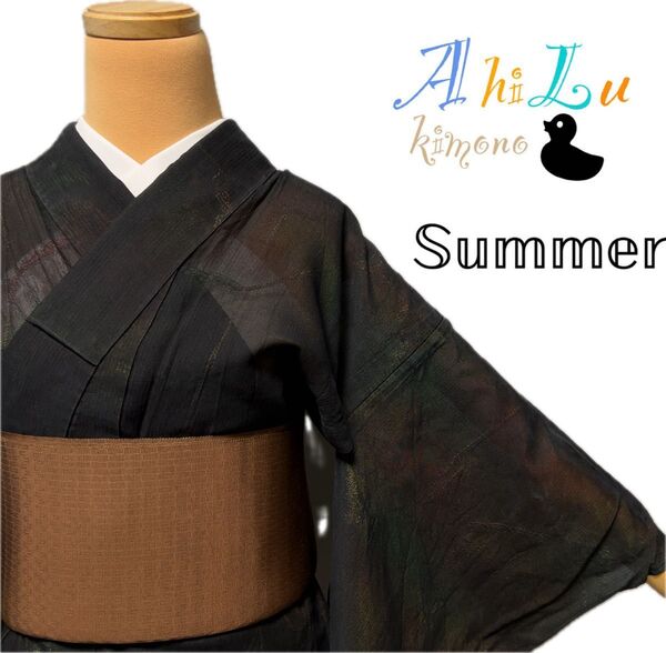 【E674】夏着物 小紋 単衣 黒緑 夏限定 対象身長~147㎝ 送料無料