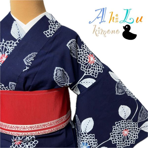 【D5141】浴衣 着物 綿 単衣 紺 白 対象身長~155㎝ 踊りの練習着にも
