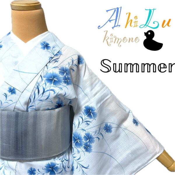 【E665】夏着物 小紋 単衣 水色 夏限定 対象身長~148㎝ 送料無料