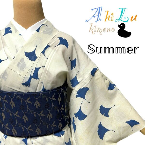 【E671】夏着物 小紋 単衣 白紺 夏限定 対象身長~141㎝ 小さいサイズ