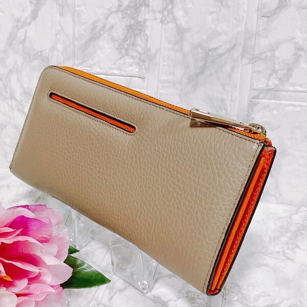 ★未使用品級★ PELLE BORSA ペレボルサ L字ファスナー長財布 レザー バイカラー グレー オレンジ (445