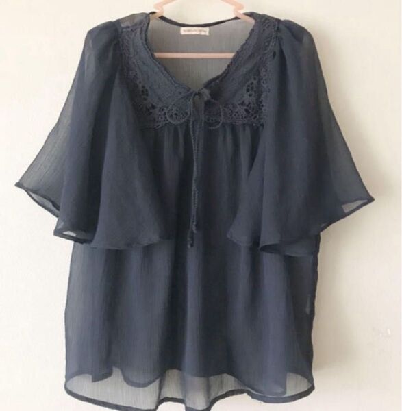 シフォン トップス レース シースルー ふんわり袖