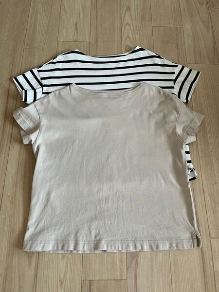無印良品 色違い2枚セット 半袖 トップス Tシャツ ボートネック 太番手 厚手生地 XS〜S ベージュ 白×紺ボーダー