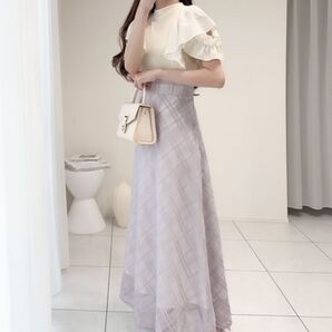 mily bilet ダブルフリル袖チェックレースドッキングワンピース ロングワンピース