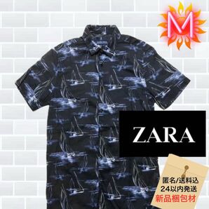 ZARA 半袖 ヨット柄アロハ かりゆし薄手シャツ 裏ボタンダウン