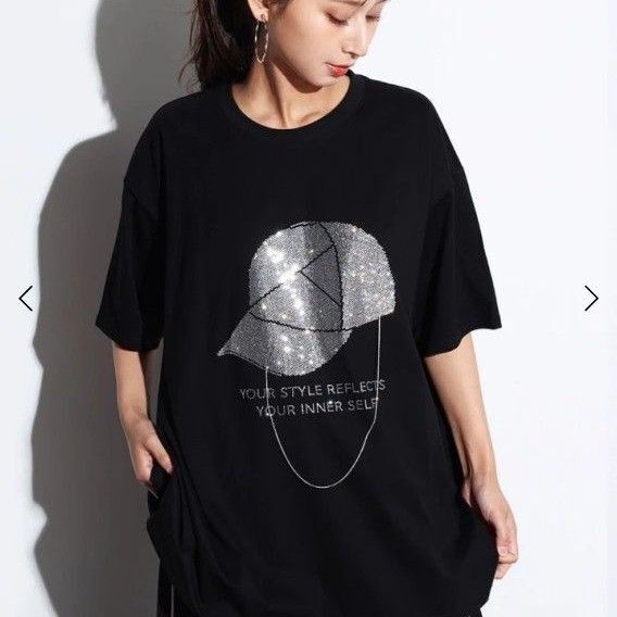 SCOT CLUB ラインストーンチェーン付きTシャツ 黒