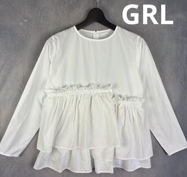 a151【グレイル】【オシャレ】【大きめ】GRL チュニック 美品 ホワイト ブラウス 長袖