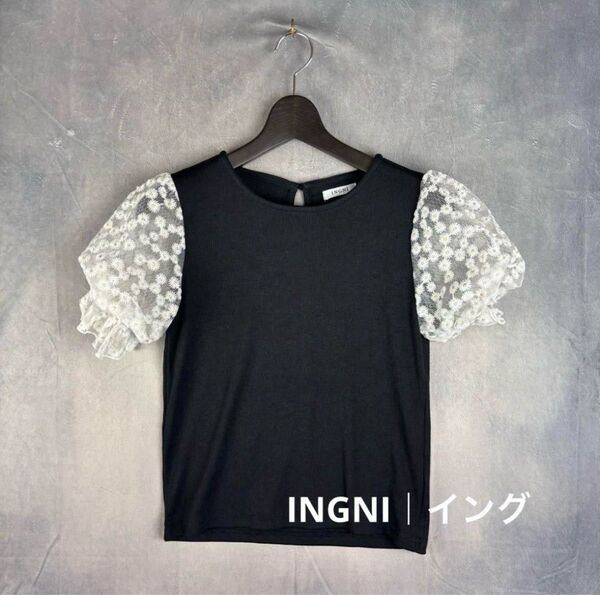 a153【イング】【超美品】【フリル】INGNI カットソー ブラウス 半袖 ブラウス トップス ブラック レース