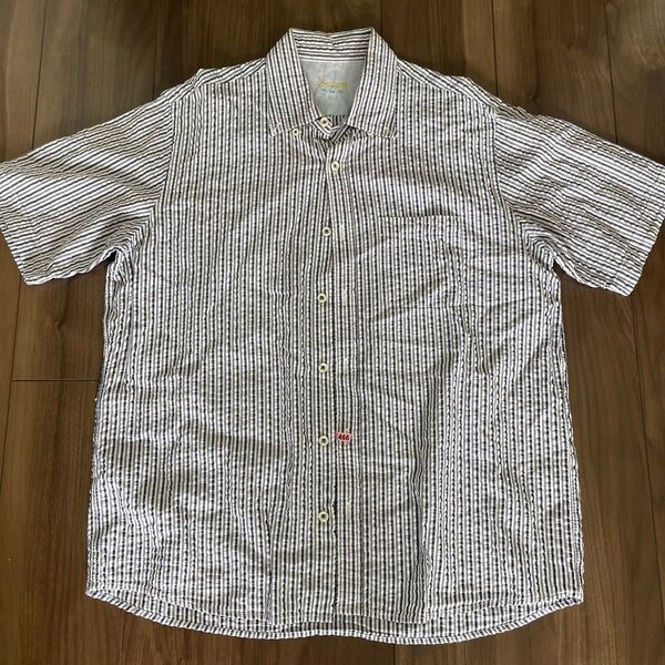 DoCLASSE ドゥクラッセ メンズ 中古 半袖 シャツ ブルー ストライプ XL リップル生地 ボタンダウン