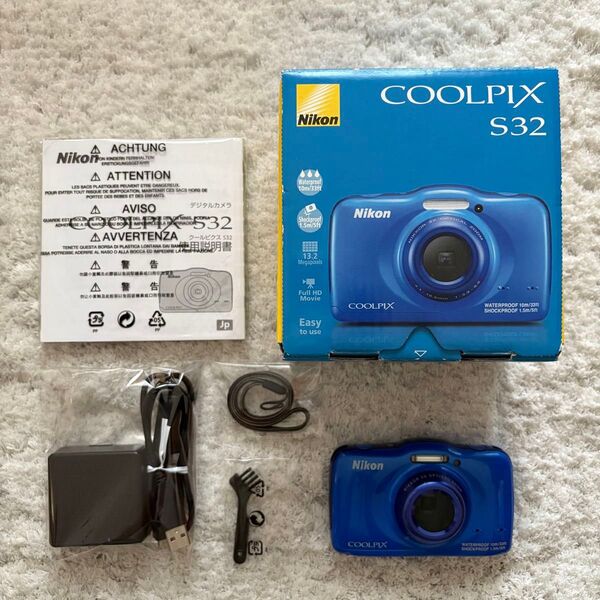 美品【動作確認済】Nikon ニコン COOLPIX クールピックス S32 水中コンデジ ブルー デジタルカメラ 防水