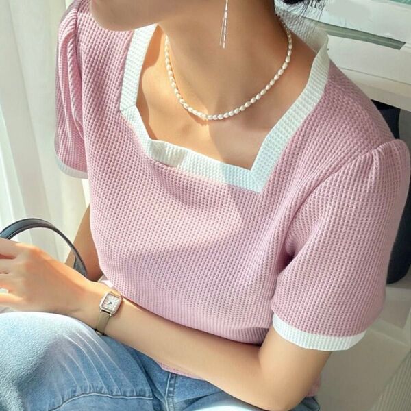 DAZY スクエアネック コントラストバインディングシャツ L