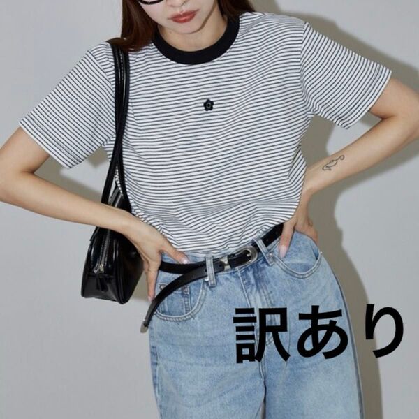 訳あり【新品】ボーダー フリーサイズ マリークワント ワンポイント 刺繍 ロゴTシャツ