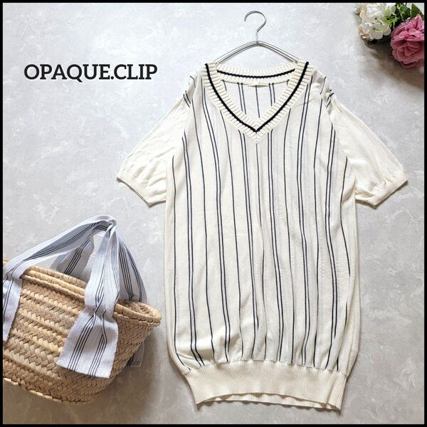 【値段交渉お気軽に♪】オペークドットクリップ●ロング丈♪ストライプ柄半袖チルデンサマーニット/美品 白 M キレイめ コットン