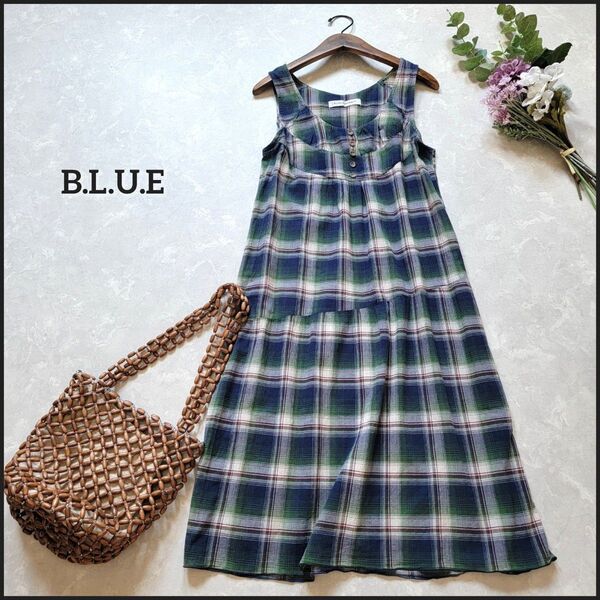 【値段交渉お気軽に♪】B.L.U.E/ビーエルユーイー●美品♪チェック柄斜め切り替えワンピース/日本製 サマンサモスモス系列キャン