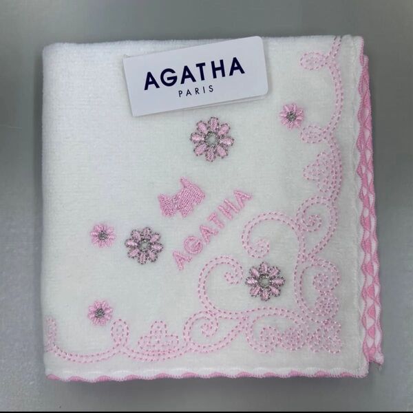 新品 アガタ AGATHA タオルハンカチ ハンドタオル 犬 いぬ わんちゃん 刺繍 花柄 ピンク