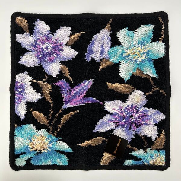 新品 ボンシェニール Bonne chenille タオルハンカチ ハンドタオル シェニール織 黒地 花柄 桔梗 ブルー パープル
