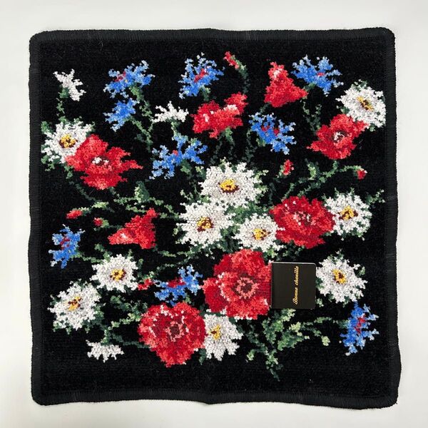 新品 ボンシェニール Bonne chenille タオルハンカチ ハンドタオル シェニール織 花柄 黒 赤 白 青