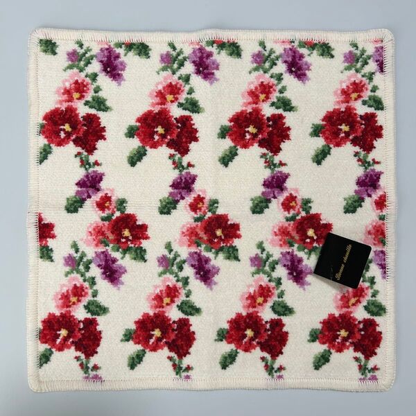 新品 ボンシェニール Bonne chenille タオルハンカチ ハンドタオル シェニール織 花柄 踊る 赤花