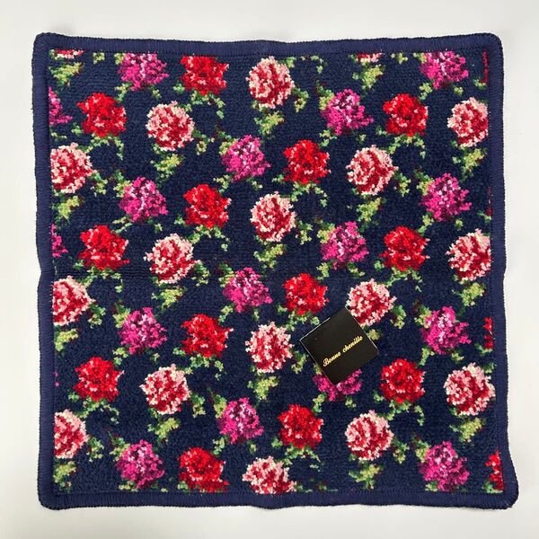 新品 ボンシェニール Bonne chenille タオルハンカチ ハンドタオル シェニール織 花柄 ネイビー 子薔薇 ばら バラ