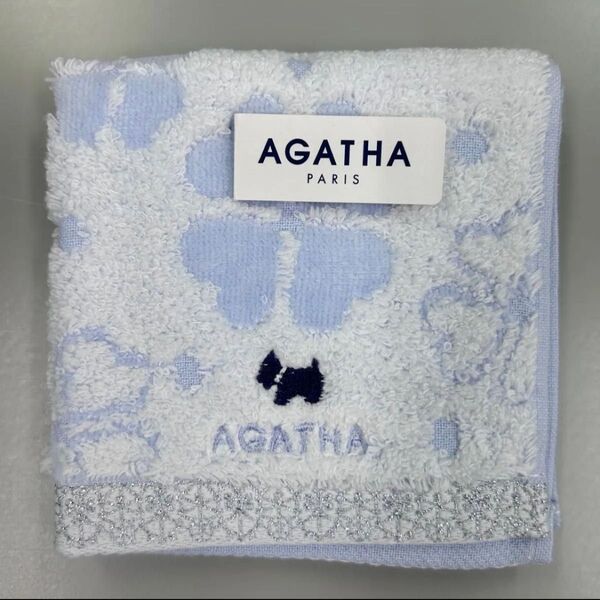 新品 アガタ AGATHA タオルハンカチ ハンドタオル 犬 いぬ わんちゃん 刺繍 四つ葉 ブルー