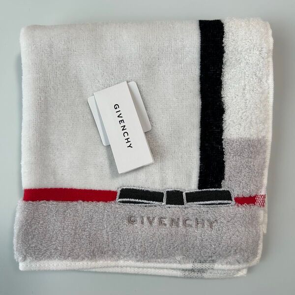新品 ジバンシー GIVENCHY タオルハンカチ ハンドタオル ロゴ リボン 赤 黒 グレー