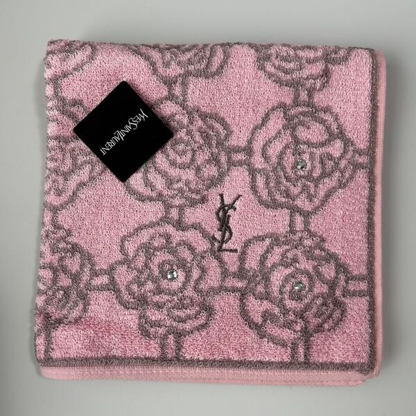 新品 イヴサンローラン YVESSAINTLAURENT タオルハンカチ ハンドタオル 総柄 刺繍 ピンク ばら 薔薇 バラ ロゴ