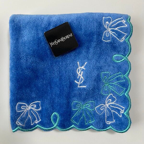 新品 イヴサンローラン YVESSAINTLAURENT タオルハンカチ ハンドタオル 刺繍 スカラップ ブルー リボン
