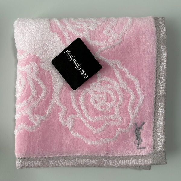 新品 イヴサンローラン YVESSAINTLAURENT タオルハンカチ ハンドタオル 総柄 ロゴ ピンク バラ ばら 薔薇