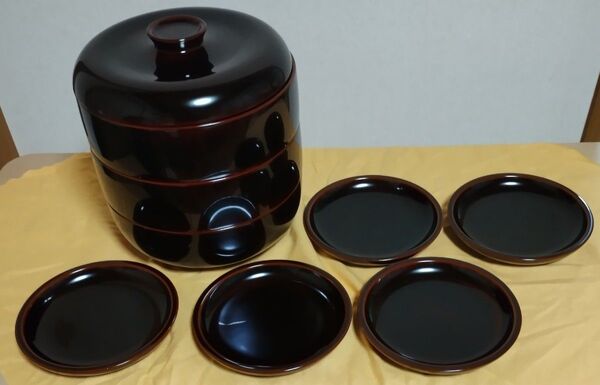 漆 三宝 溜塗 丸三段重と銘々皿 木製 漆器 現代の名工 伝統工芸士