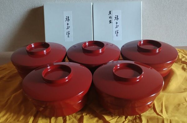 輪島塗 本朱 平椀-煮物椀5客セット 木製 塗師 哲斎 漆器 懐石道具