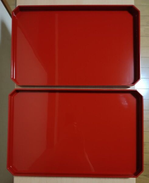 輪島塗 本朱 脇引盆2枚組 木製 塗師 哲斎 漆器 懐石道具