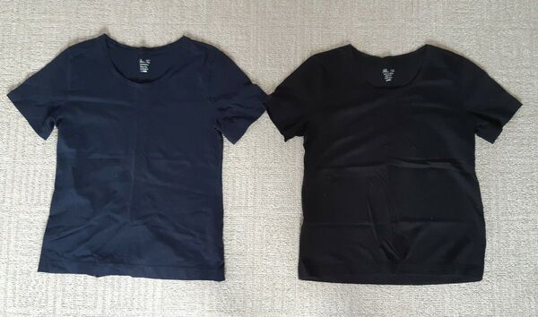 GU ジーユー レディース スリムフィットクールネック 黒・紺 半袖 Tシャツ2着セット Lサイズ 婦人 女性