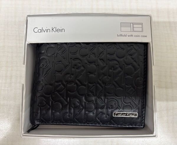 【新品未使用】カルバンクライン2折小銭入付財布74285BK billfrold with coin case 型押レザー 箱入
