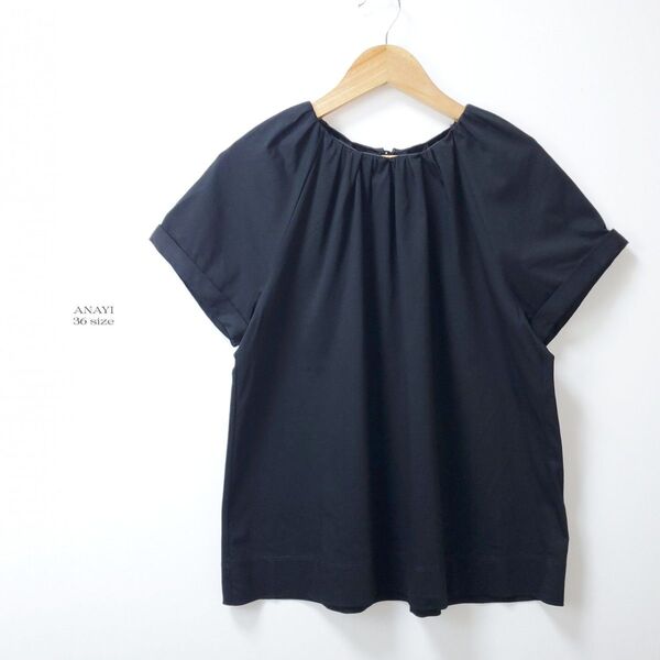 美品☆21SS☆ANAYI アナイ コットン ギャザー カットソー ブラウス ブラック 半袖