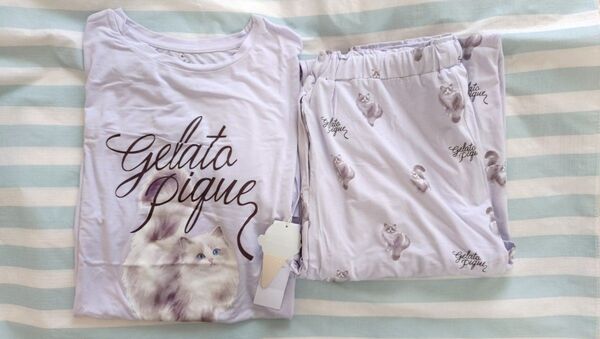 新品 gelate pique 猫柄 パジャマ 半袖Tシャツ&長ズボン パ-プル 部屋着 ルームウェア ナイトウエア