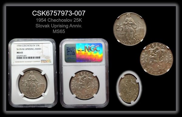 チェコスロバキア 1954年 25コルナ スロバキア蜂起記念 銀貨 MS65鑑定済 CSK6757973-007