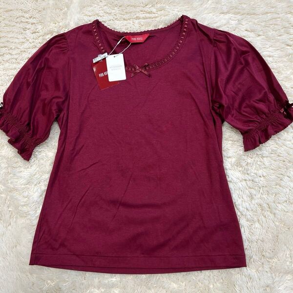 PINK HOUSE ピンクハウス Tシャツ 半袖 お袖シャーリング リボン かわいい ボルドー ワインレッド
